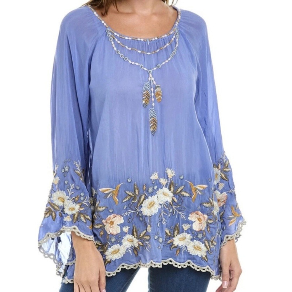 Johnny Was Indinna Blouse Top Size Small Periwinkle Blue Embroidered
